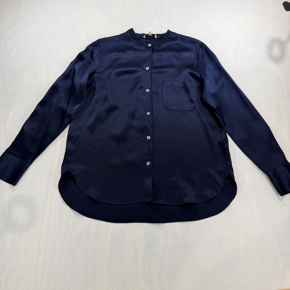 Vince Silk Blouse Women 4 Navy Blue Band Collar Long Sleeve Button Down Top